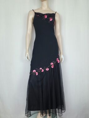 Vtg 90s beaded slip dress sheer net hem SM 6